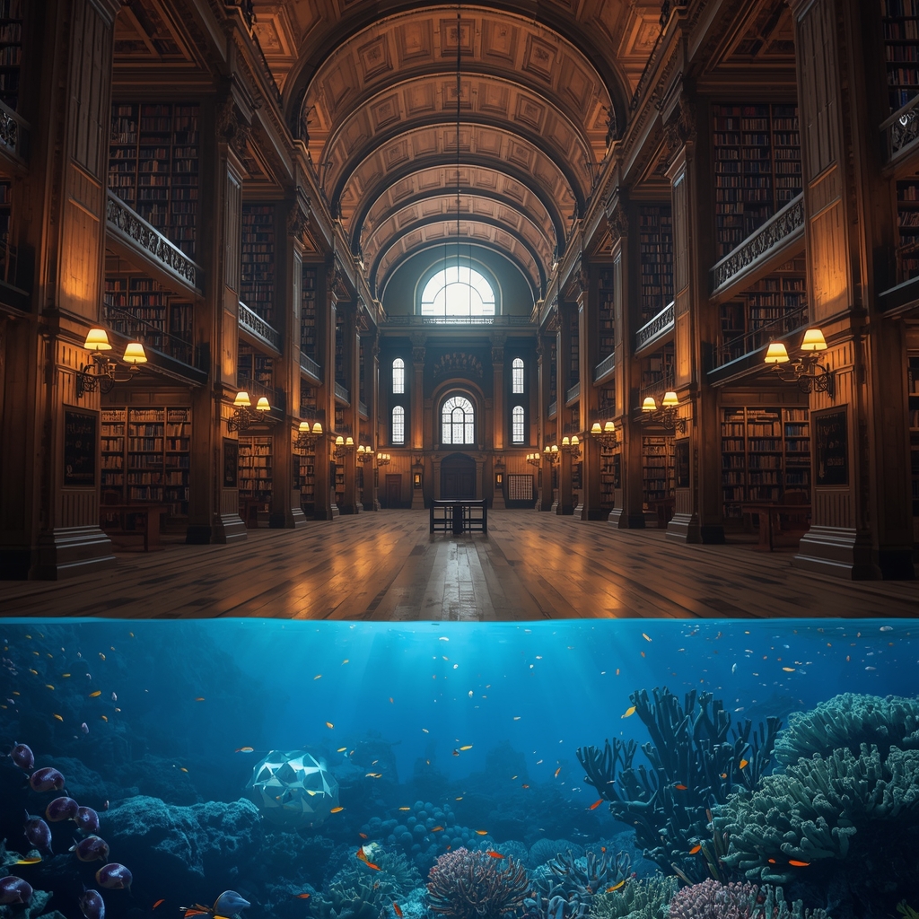 A grand, bright university library interior with towering ancient wooden bookshelves, glowing warm desk lamps, classical architecture, photorealistic 8k, Nano Banana2, completely empty, no humans, strictly no women